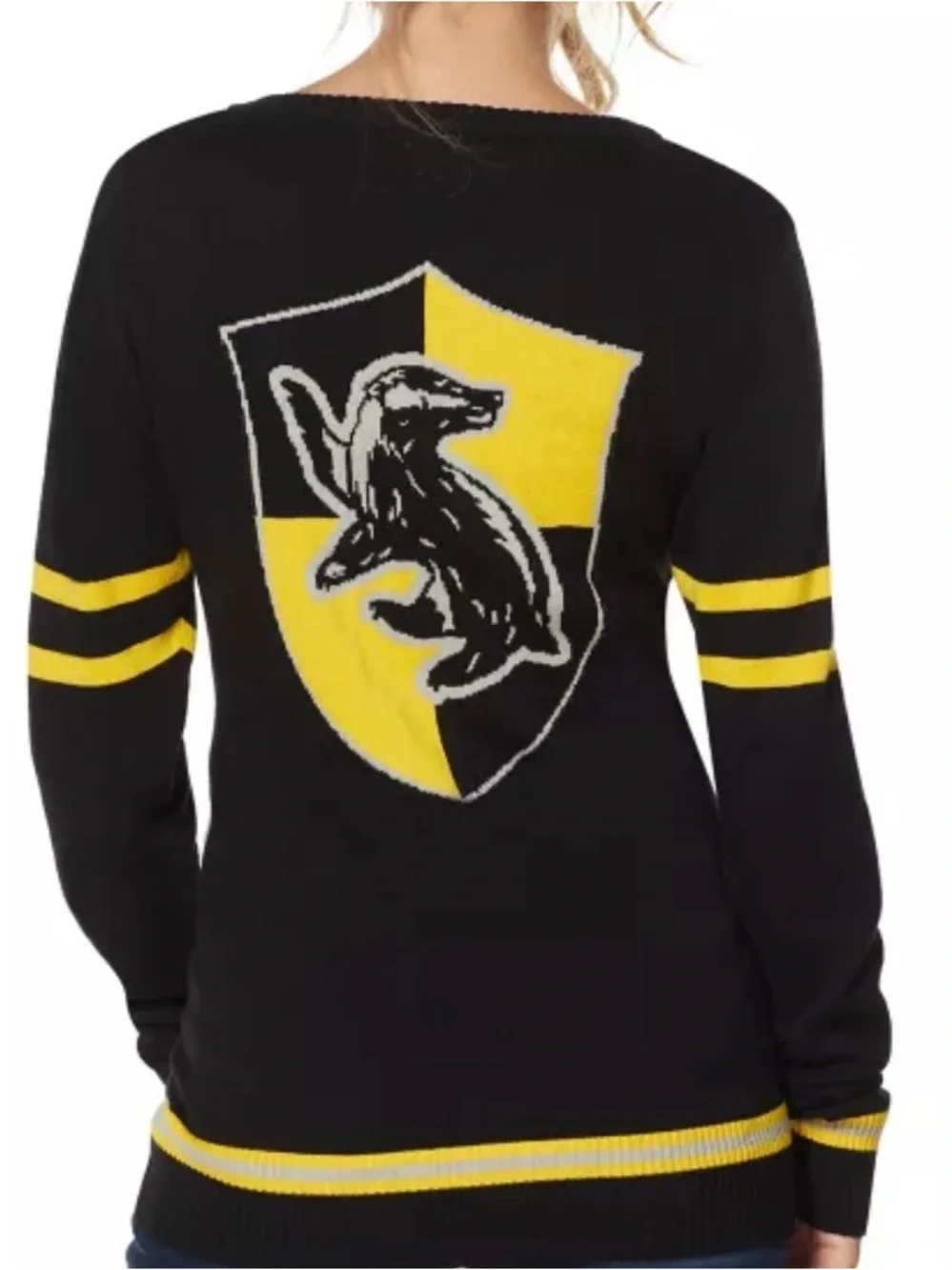 Hogwarts Hufflepuff House Cardigan Sweater Harry Potter Yellow Black Button Sz S